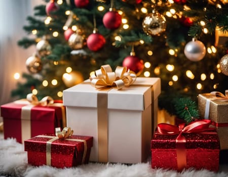 Wrapped presents in various colors sit beneath a decorated spruce tree adorned with shimmering Christmas ornaments, creating a cheerful and festive atmosphere for the New Year celebration.
