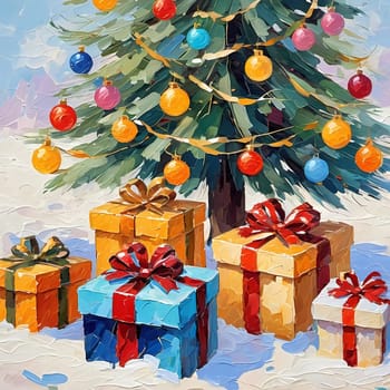 A decorated Christmas tree adorned with colorful ornaments and stacked presents ready for celebration in cozy holiday setting. Wrapped gifts of various colors. Festive atmosphere, warmth and joy. AI.