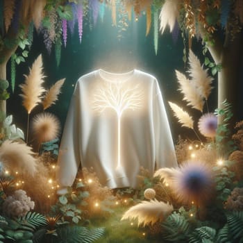 A white sweatshirt with a glowing tree design on it, surrounded by plants and lights in a forest setting. A high-quality photo.