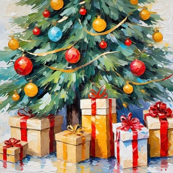 A decorated Christmas tree adorned with colorful ornaments and stacked presents ready for celebration in cozy holiday setting. Wrapped gifts of various colors. Festive atmosphere, warmth and joy. AI.