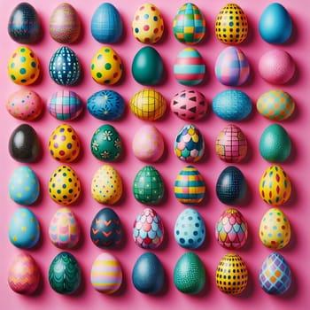 An arrangement of colorful Easter eggs with various patterns on a pink background. A high-quality photo.