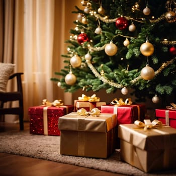Wrapped presents in various colors sit beneath a decorated spruce tree adorned with shimmering Christmas ornaments, creating a cheerful and festive atmosphere for the New Year celebration.