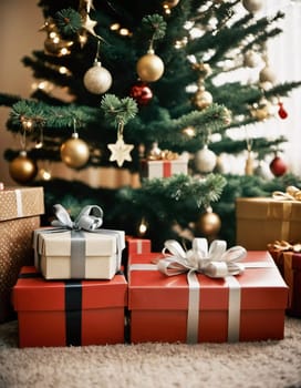 Wrapped presents in various colors sit beneath a decorated spruce tree adorned with shimmering Christmas ornaments, creating a cheerful and festive atmosphere for the New Year celebration.