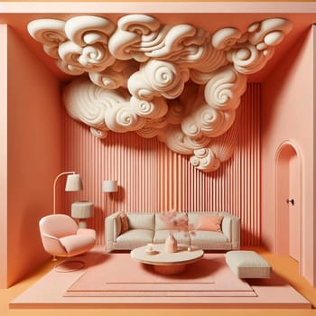 A living room interior with a pink sofa, a rug, and an oversized cloud sculpture on the ceiling. A high-quality photo.