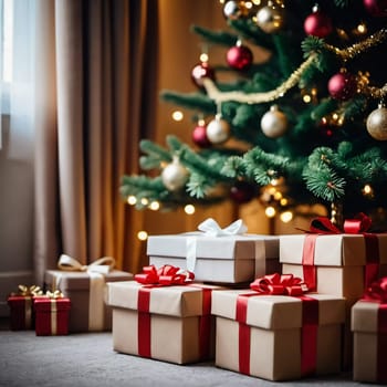 Wrapped presents in various colors sit beneath a decorated spruce tree adorned with shimmering Christmas ornaments, creating a cheerful and festive atmosphere for the New Year celebration.