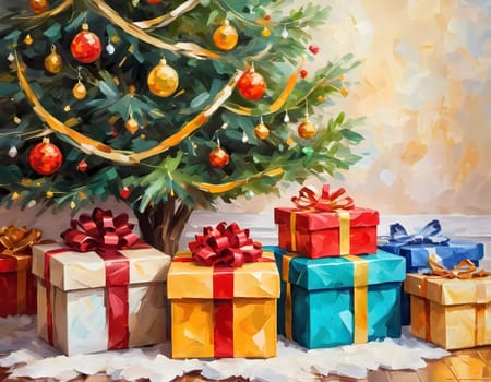 A decorated Christmas tree adorned with colorful ornaments and stacked presents ready for celebration in cozy holiday setting. Wrapped gifts of various colors. Festive atmosphere, warmth and joy. AI.