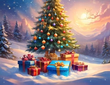 A decorated Christmas tree adorned with colorful ornaments and stacked presents ready for celebration in cozy holiday setting. Wrapped gifts of various colors. Festive atmosphere, warmth and joy. AI.