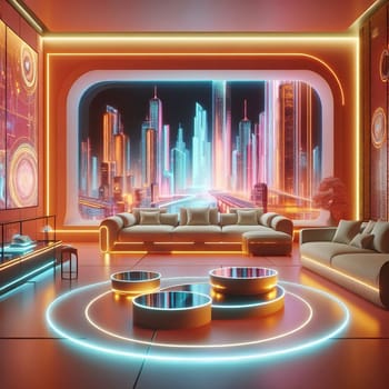 A futuristic living room with a couch and a view of a glowing cityscape through a large window. A high-quality photo.