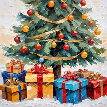 A decorated Christmas tree adorned with colorful ornaments and stacked presents ready for celebration in cozy holiday setting. Wrapped gifts of various colors. Festive atmosphere, warmth and joy. AI.
