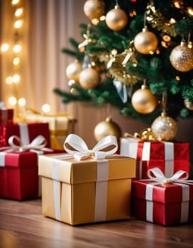 Wrapped presents in various colors sit beneath a decorated spruce tree adorned with shimmering Christmas ornaments, creating a cheerful and festive atmosphere for the New Year celebration.