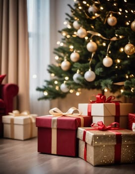 Wrapped presents in various colors sit beneath a decorated spruce tree adorned with shimmering Christmas ornaments, creating a cheerful and festive atmosphere for the New Year celebration.