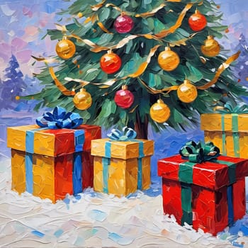 A decorated Christmas tree adorned with colorful ornaments and stacked presents ready for celebration in cozy holiday setting. Wrapped gifts of various colors. Festive atmosphere, warmth and joy. AI.