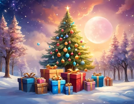 A decorated Christmas tree adorned with colorful ornaments and stacked presents ready for celebration in cozy holiday setting. Wrapped gifts of various colors. Festive atmosphere, warmth and joy. AI.