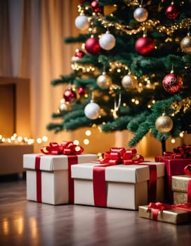 Wrapped presents in various colors sit beneath a decorated spruce tree adorned with shimmering Christmas ornaments, creating a cheerful and festive atmosphere for the New Year celebration.