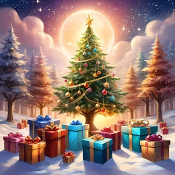 A decorated Christmas tree adorned with colorful ornaments and stacked presents ready for celebration in cozy holiday setting. Wrapped gifts of various colors. Festive atmosphere, warmth and joy. AI.