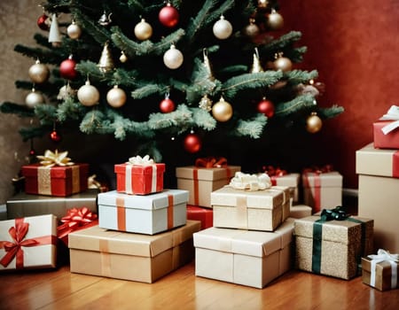 Wrapped presents in various colors sit beneath a decorated spruce tree adorned with shimmering Christmas ornaments, creating a cheerful and festive atmosphere for the New Year celebration.