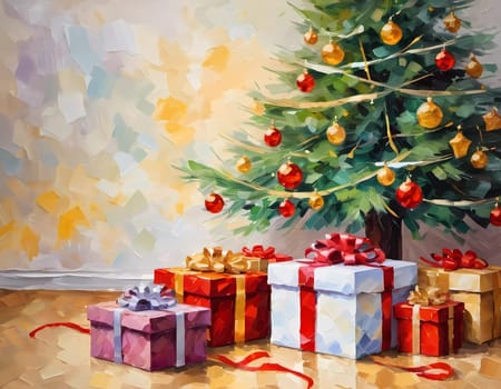 A decorated Christmas tree adorned with colorful ornaments and stacked presents ready for celebration in cozy holiday setting. Wrapped gifts of various colors. Festive atmosphere, warmth and joy. AI.