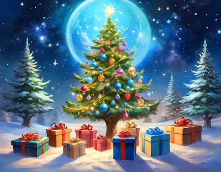 A decorated Christmas tree adorned with colorful ornaments and stacked presents ready for celebration in cozy holiday setting. Wrapped gifts of various colors. Festive atmosphere, warmth and joy. AI.