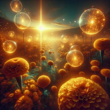 A field of yellow flowers with glowing orbs floating above them, illuminated by a bright light. A high-quality photo.