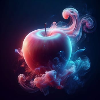 An apple with colorful smoke swirling around it, against a dark background. A high-quality photo.
