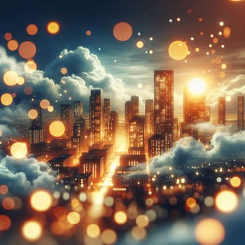 A futuristic cityscape with glowing lights, surrounded by clouds and a sun rising in the background. A high-quality photo.