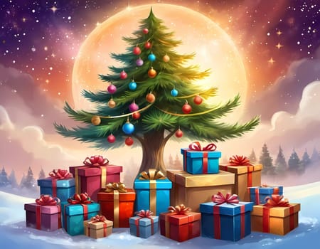 A decorated Christmas tree adorned with colorful ornaments and stacked presents ready for celebration in cozy holiday setting. Wrapped gifts of various colors. Festive atmosphere, warmth and joy. AI.