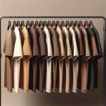 A rack of brown t-shirts on wooden hangers, against a brown background. A high-quality photo.