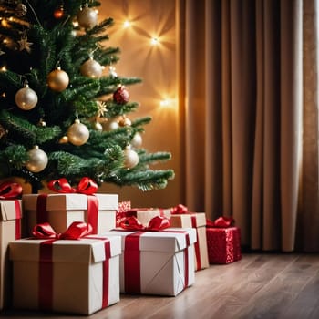 Wrapped presents in various colors sit beneath a decorated spruce tree adorned with shimmering Christmas ornaments, creating a cheerful and festive atmosphere for the New Year celebration.