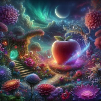 A magical forest scene with a glowing red apple, a moon, and a path leading to a stone archway. A high-quality photo.