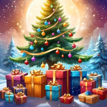 A decorated Christmas tree adorned with colorful ornaments and stacked presents ready for celebration in cozy holiday setting. Wrapped gifts of various colors. Festive atmosphere, warmth and joy. AI.