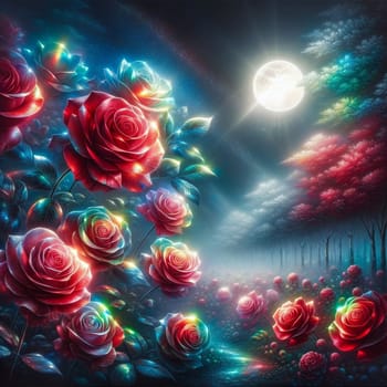 A magical forest with glowing roses, illuminated by moonlight. A high-quality photo.