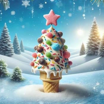 A Christmas tree made of ice cream cone, topped with a star and decorated with candies and sprinkles. The scene is set in a snowy forest. A high-quality photo.