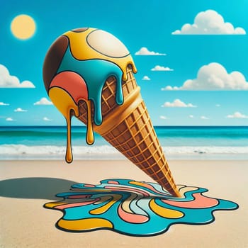 A melting ice cream cone on a beach, under a sunny sky. A high-quality photo.