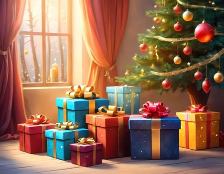 A decorated Christmas tree adorned with colorful ornaments and stacked presents ready for celebration in cozy holiday setting. Wrapped gifts of various colors. Festive atmosphere, warmth and joy. AI.