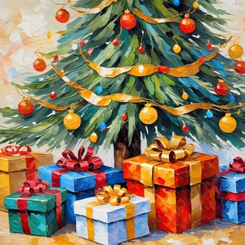 A decorated Christmas tree adorned with colorful ornaments and stacked presents ready for celebration in cozy holiday setting. Wrapped gifts of various colors. Festive atmosphere, warmth and joy. AI.