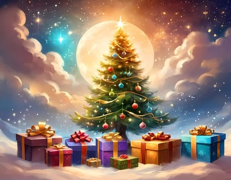 A decorated Christmas tree adorned with colorful ornaments and stacked presents ready for celebration in cozy holiday setting. Wrapped gifts of various colors. Festive atmosphere, warmth and joy. AI.