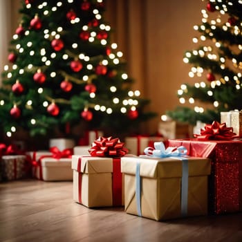 Wrapped presents in various colors sit beneath a decorated spruce tree adorned with shimmering Christmas ornaments, creating a cheerful and festive atmosphere for the New Year celebration.