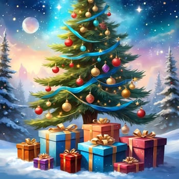 A decorated Christmas tree adorned with colorful ornaments and stacked presents ready for celebration in cozy holiday setting. Wrapped gifts of various colors. Festive atmosphere, warmth and joy. AI.