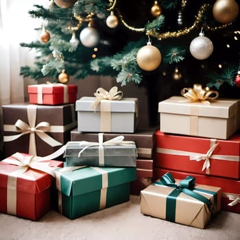 Wrapped presents in various colors sit beneath a decorated spruce tree adorned with shimmering Christmas ornaments, creating a cheerful and festive atmosphere for the New Year celebration.