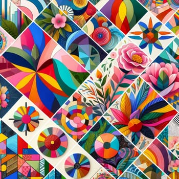 A colorful abstract design with geometric shapes and flowers. A high-quality photo.