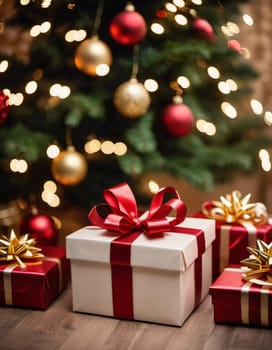 Wrapped presents in various colors sit beneath a decorated spruce tree adorned with shimmering Christmas ornaments, creating a cheerful and festive atmosphere for the New Year celebration.