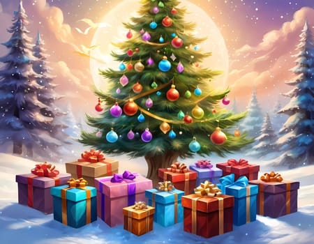 A decorated Christmas tree adorned with colorful ornaments and stacked presents ready for celebration in cozy holiday setting. Wrapped gifts of various colors. Festive atmosphere, warmth and joy. AI.
