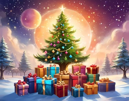 A decorated Christmas tree adorned with colorful ornaments and stacked presents ready for celebration in cozy holiday setting. Wrapped gifts of various colors. Festive atmosphere, warmth and joy. AI.