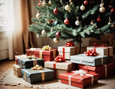 Wrapped presents in various colors sit beneath a decorated spruce tree adorned with shimmering Christmas ornaments, creating a cheerful and festive atmosphere for the New Year celebration.