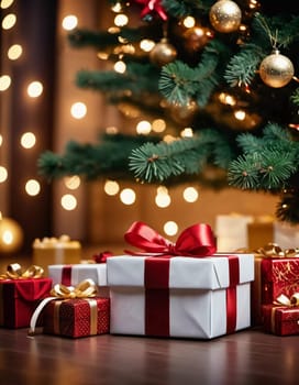 Wrapped presents in various colors sit beneath a decorated spruce tree adorned with shimmering Christmas ornaments, creating a cheerful and festive atmosphere for the New Year celebration.