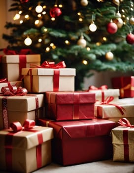 Wrapped presents in various colors sit beneath a decorated spruce tree adorned with shimmering Christmas ornaments, creating a cheerful and festive atmosphere for the New Year celebration.