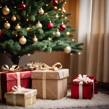 Wrapped presents in various colors sit beneath a decorated spruce tree adorned with shimmering Christmas ornaments, creating a cheerful and festive atmosphere for the New Year celebration.