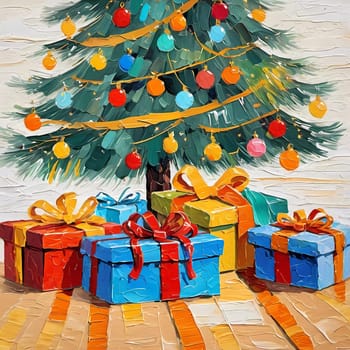 A decorated Christmas tree adorned with colorful ornaments and stacked presents ready for celebration in cozy holiday setting. Wrapped gifts of various colors. Festive atmosphere, warmth and joy. AI.