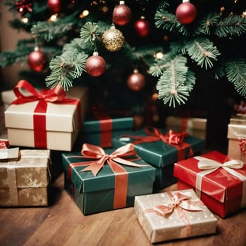 Wrapped presents in various colors sit beneath a decorated spruce tree adorned with shimmering Christmas ornaments, creating a cheerful and festive atmosphere for the New Year celebration.