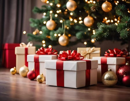 Wrapped presents in various colors sit beneath a decorated spruce tree adorned with shimmering Christmas ornaments, creating a cheerful and festive atmosphere for the New Year celebration.